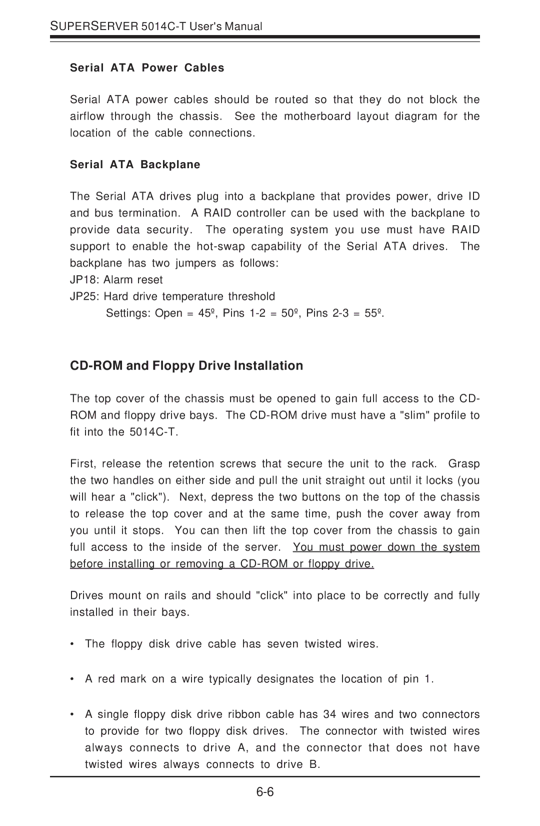 SUPER MICRO Computer 5014C-T manual CD-ROM and Floppy Drive Installation, Serial ATA Power Cables, Serial ATA Backplane 