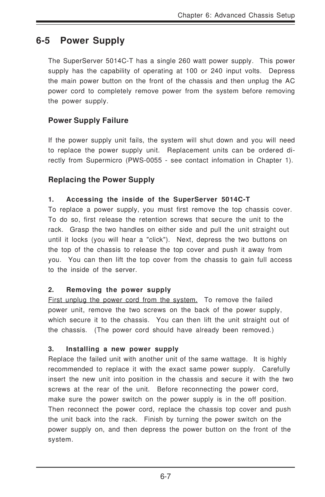 SUPER MICRO Computer 5014C-T manual Power Supply Failure, Replacing the Power Supply 