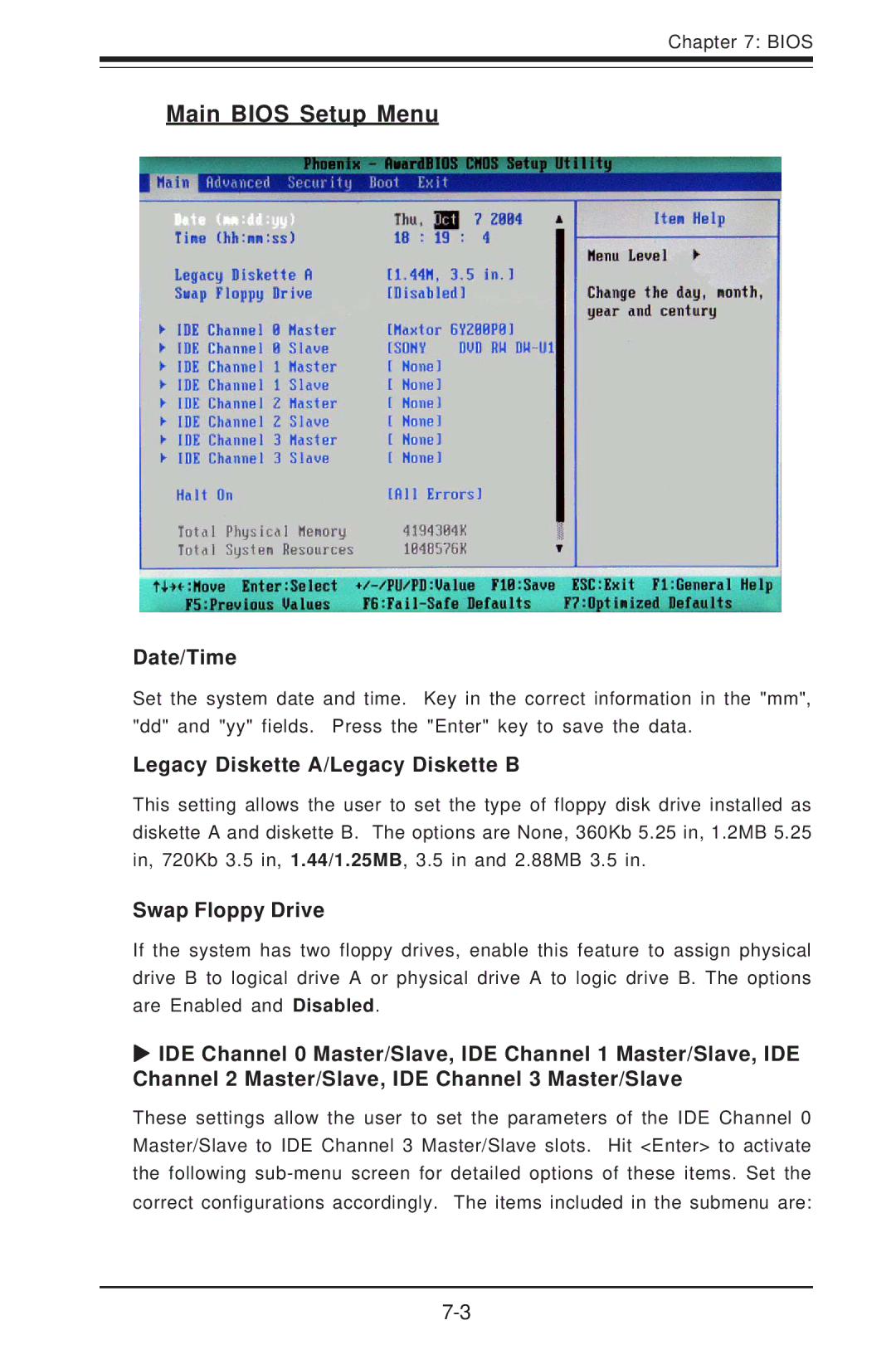 SUPER MICRO Computer 5014C-T manual Main Bios Setup Menu, Date/Time, Legacy Diskette A/Legacy Diskette B, Swap Floppy Drive 