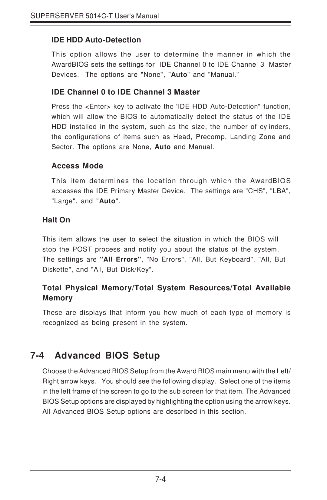 SUPER MICRO Computer 5014C-T Advanced Bios Setup, IDE HDD Auto-Detection, IDE Channel 0 to IDE Channel 3 Master, Halt On 