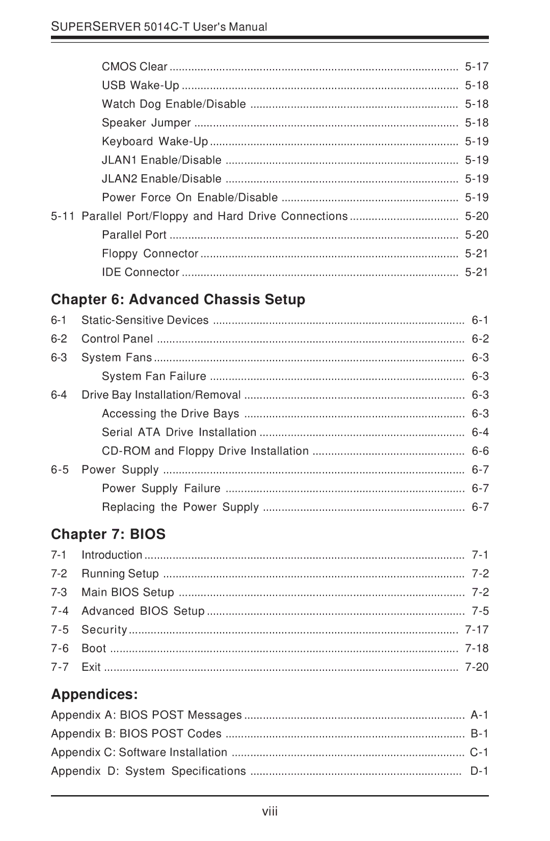 SUPER MICRO Computer 5014C-T manual Advanced Chassis Setup, Bios, Appendices 