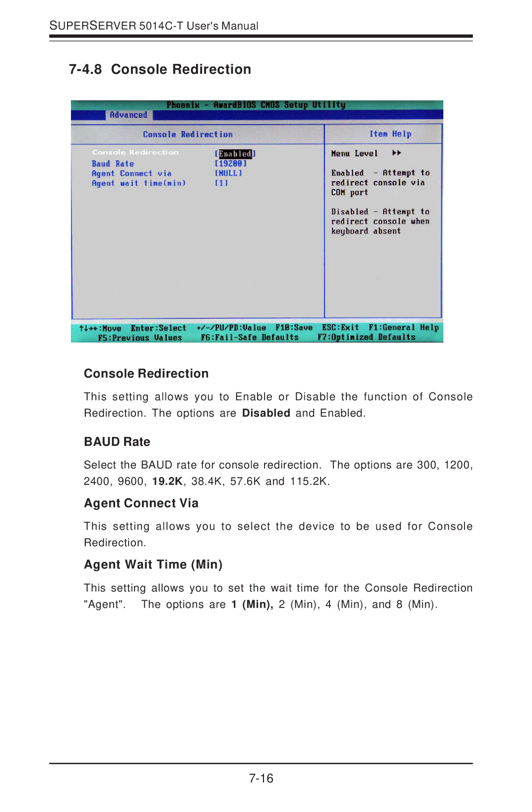 SUPER MICRO Computer 5014C-T manual Console Redirection, Baud Rate, Agent Connect Via, Agent Wait Time Min 