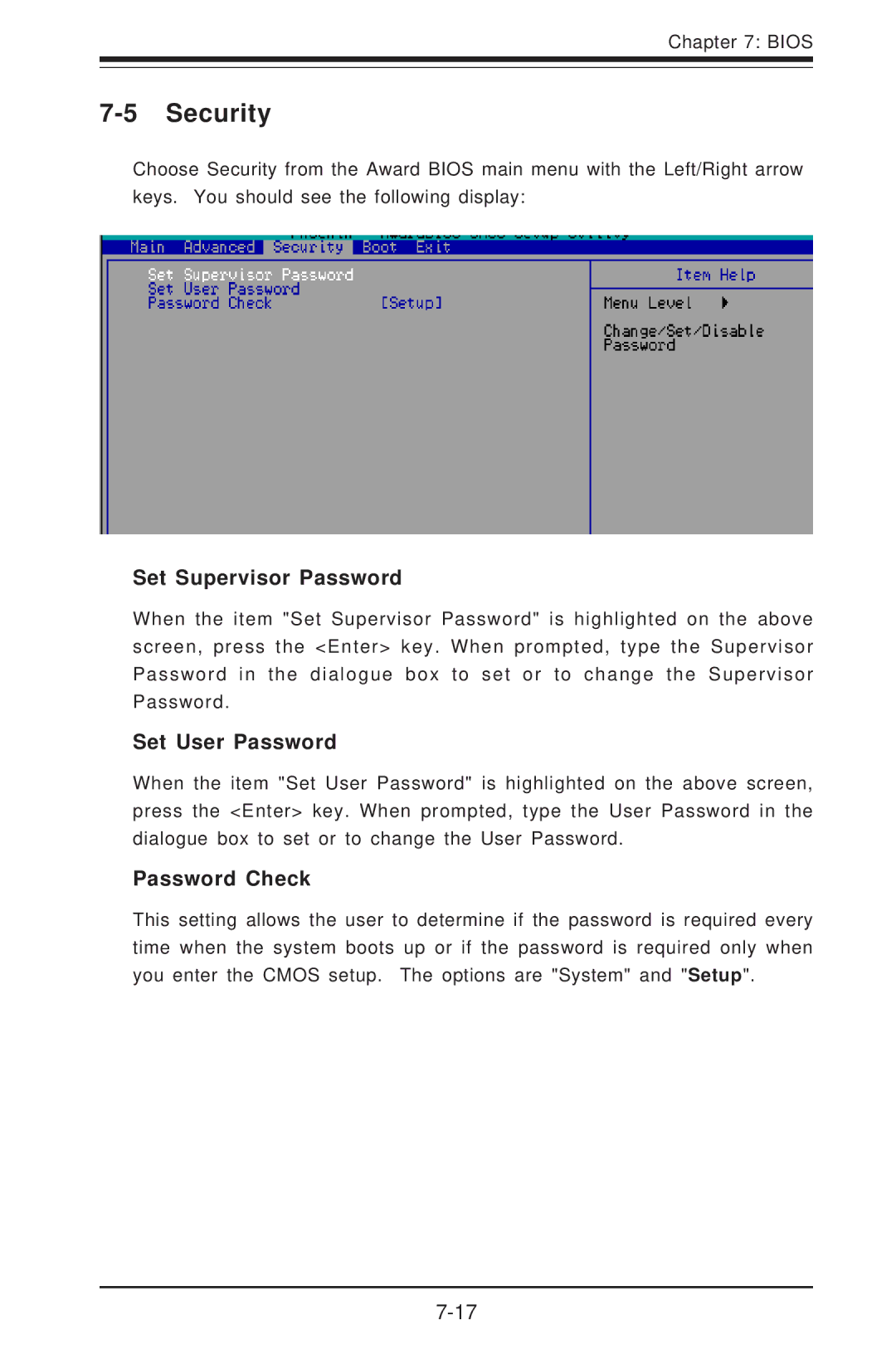 SUPER MICRO Computer 5014C-T manual Security, Set Supervisor Password, Set User Password, Password Check 