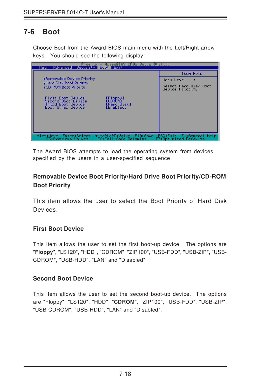 SUPER MICRO Computer 5014C-T manual First Boot Device, Second Boot Device 