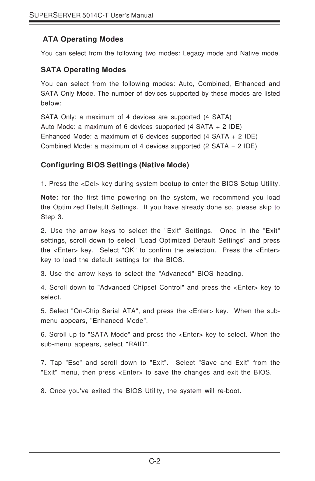 SUPER MICRO Computer 5014C-T manual ATA Operating Modes, Sata Operating Modes, Configuring Bios Settings Native Mode 