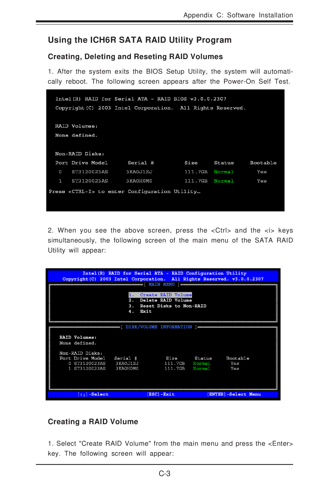 SUPER MICRO Computer 5014C-T manual Using the ICH6R Sata RAID Utility Program, Creating, Deleting and Reseting RAID Volumes 