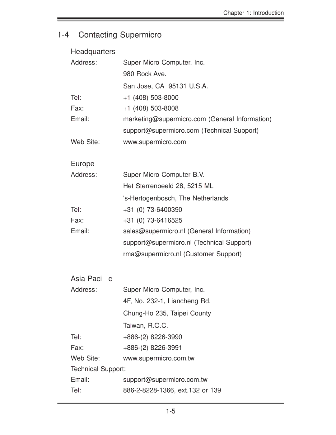 SUPER MICRO Computer 5015A-EHF-D525 user manual Contacting Supermicro, Headquarters, Europe, Asia-Paciﬁc 