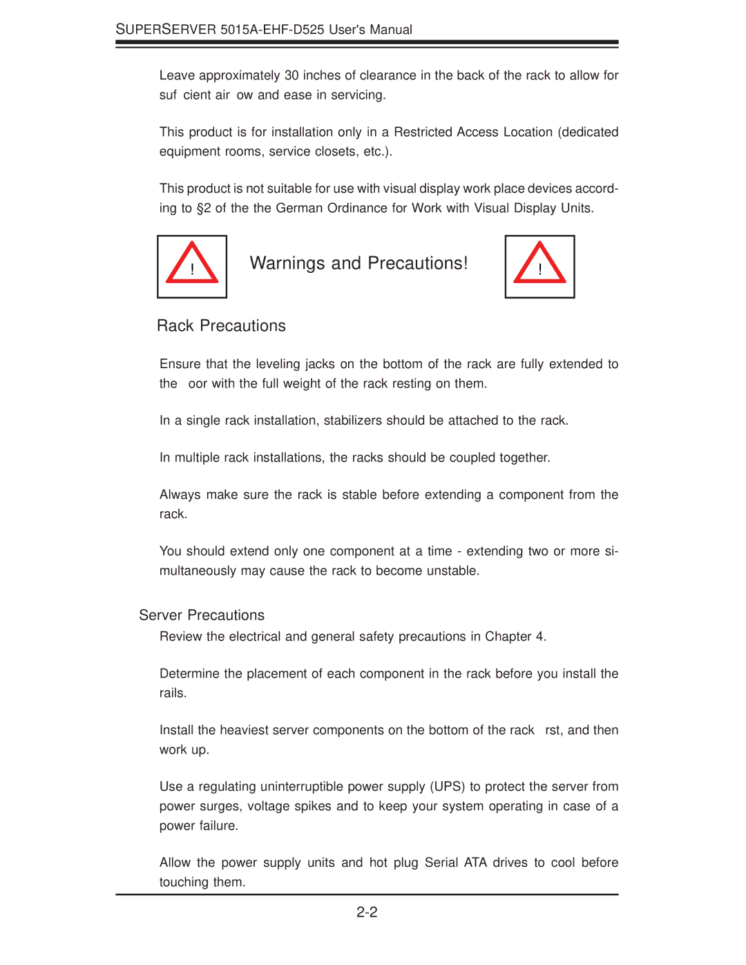 SUPER MICRO Computer 5015A-EHF-D525 user manual Rack Precautions, Server Precautions 