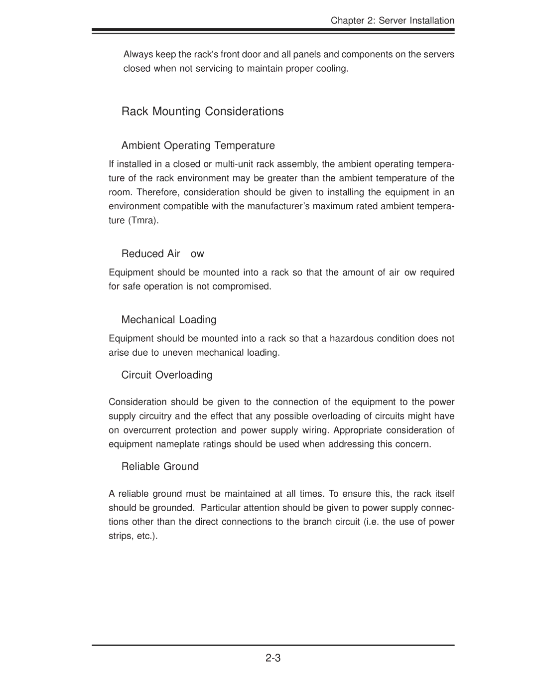 SUPER MICRO Computer 5015A-EHF-D525 user manual Rack Mounting Considerations, Ambient Operating Temperature 