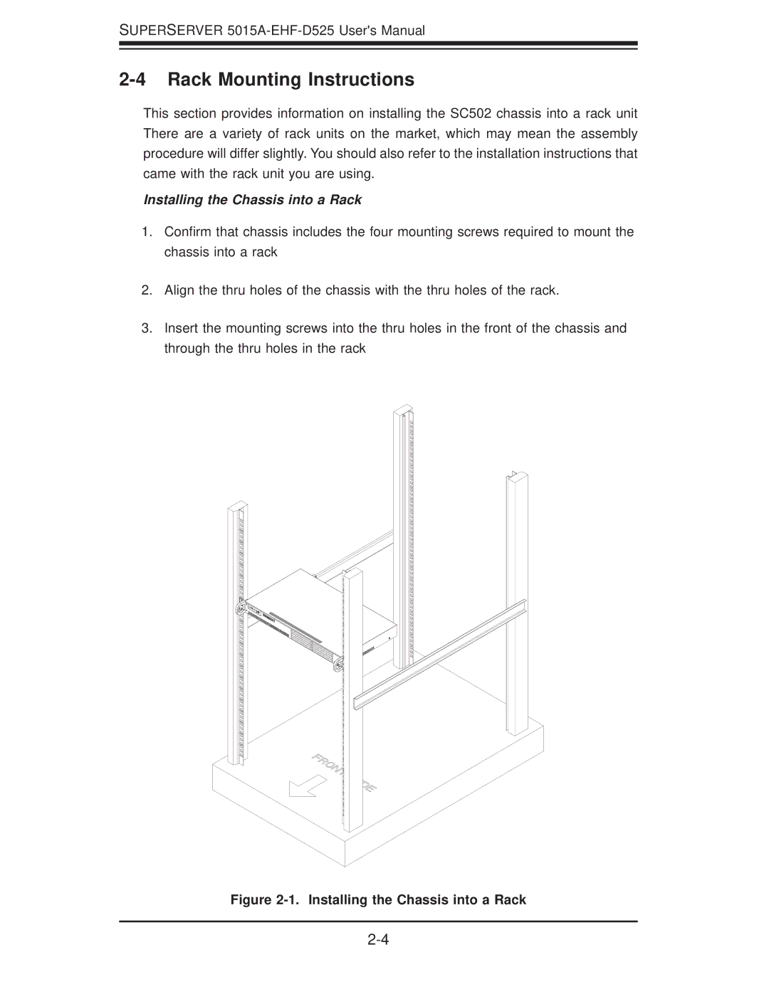 SUPER MICRO Computer 5015A-EHF-D525 user manual Rack Mounting Instructions, Installing the Chassis into a Rack 