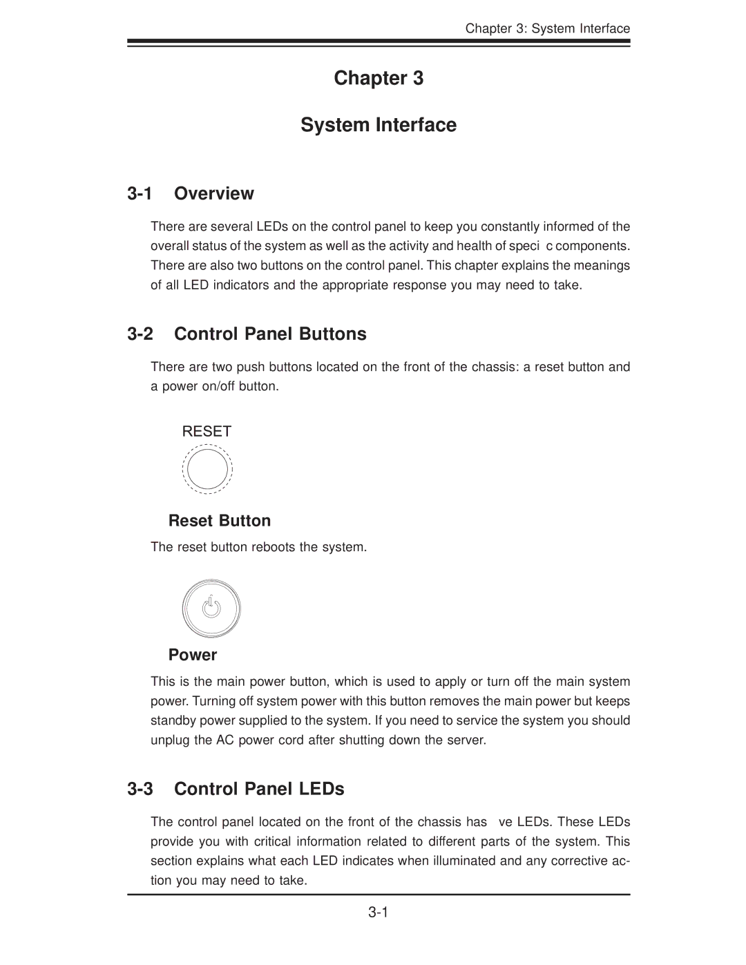 SUPER MICRO Computer 5015A-EHF-D525 user manual Control Panel Buttons, Control Panel LEDs, Reset Button, Power 