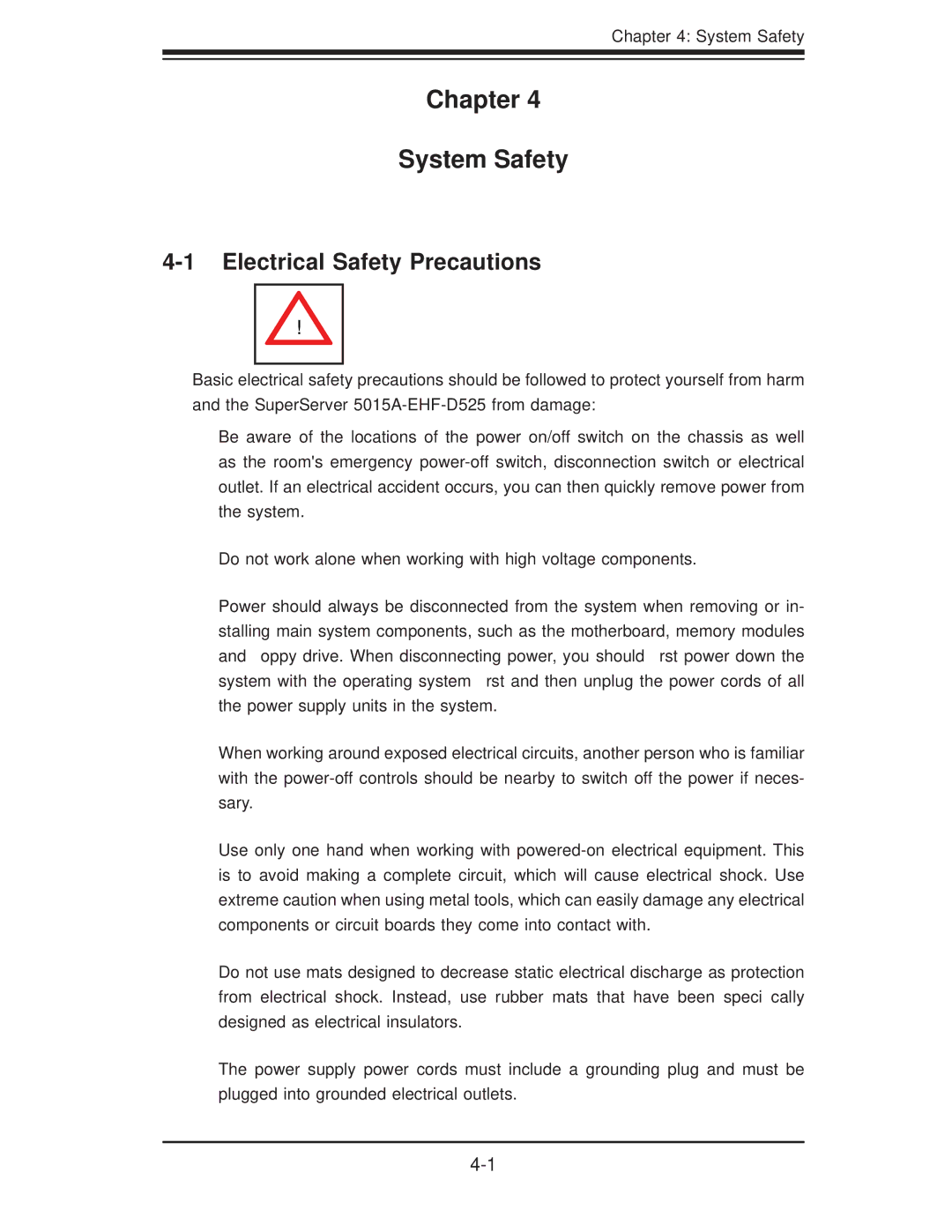 SUPER MICRO Computer 5015A-EHF-D525 user manual Chapter System Safety, Electrical Safety Precautions 