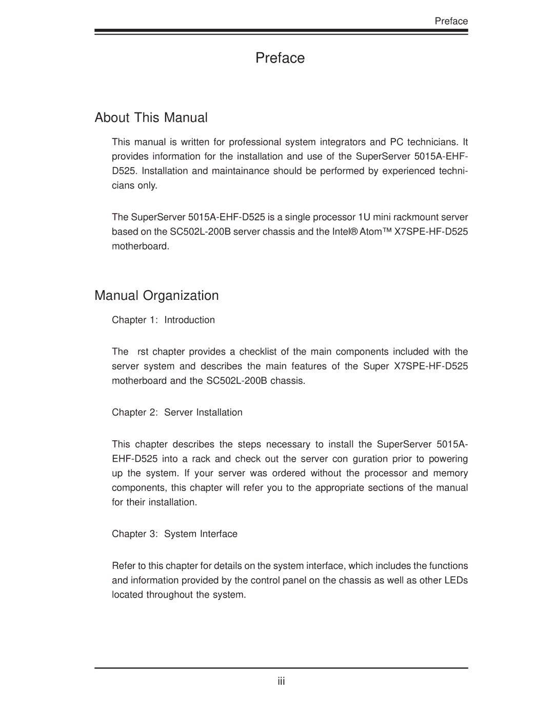 SUPER MICRO Computer 5015A-EHF-D525 user manual About This Manual, Manual Organization, Introduction, Server Installation 