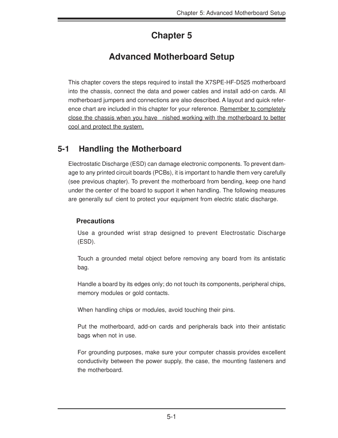 SUPER MICRO Computer 5015A-EHF-D525 user manual Chapter Advanced Motherboard Setup, Handling the Motherboard 