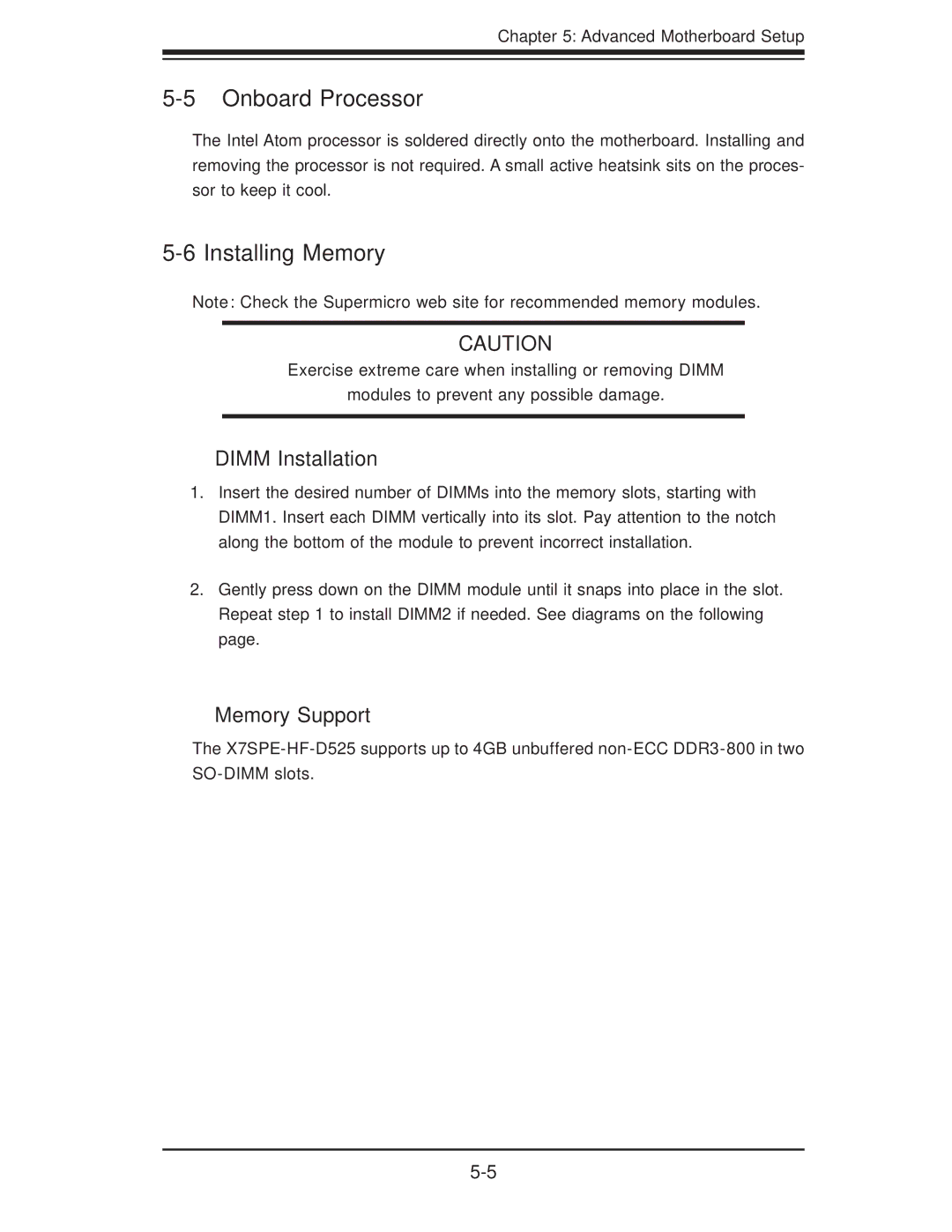 SUPER MICRO Computer 5015A-EHF-D525 user manual Onboard Processor, Installing Memory, Dimm Installation, Memory Support 