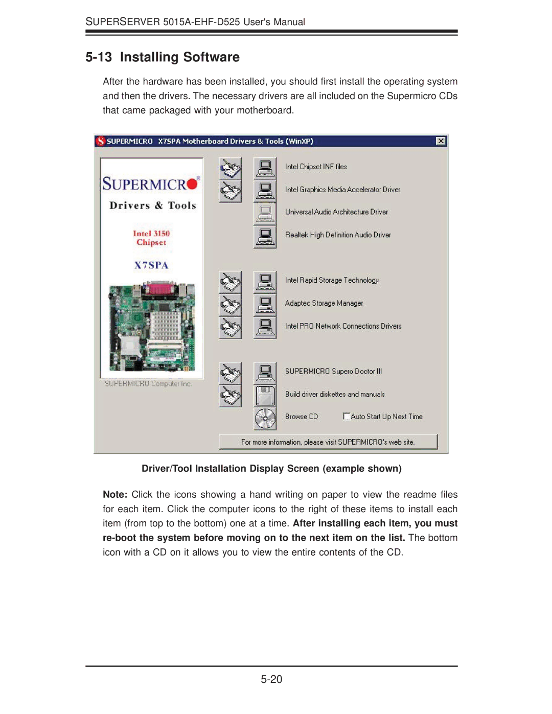 SUPER MICRO Computer 5015A-EHF-D525 user manual Installing Software 