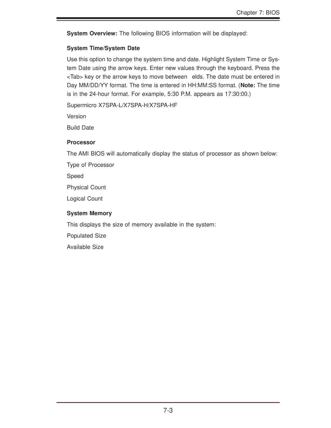 SUPER MICRO Computer 5015A-EHF-D525 user manual System Time/System Date, Processor, System Memory 