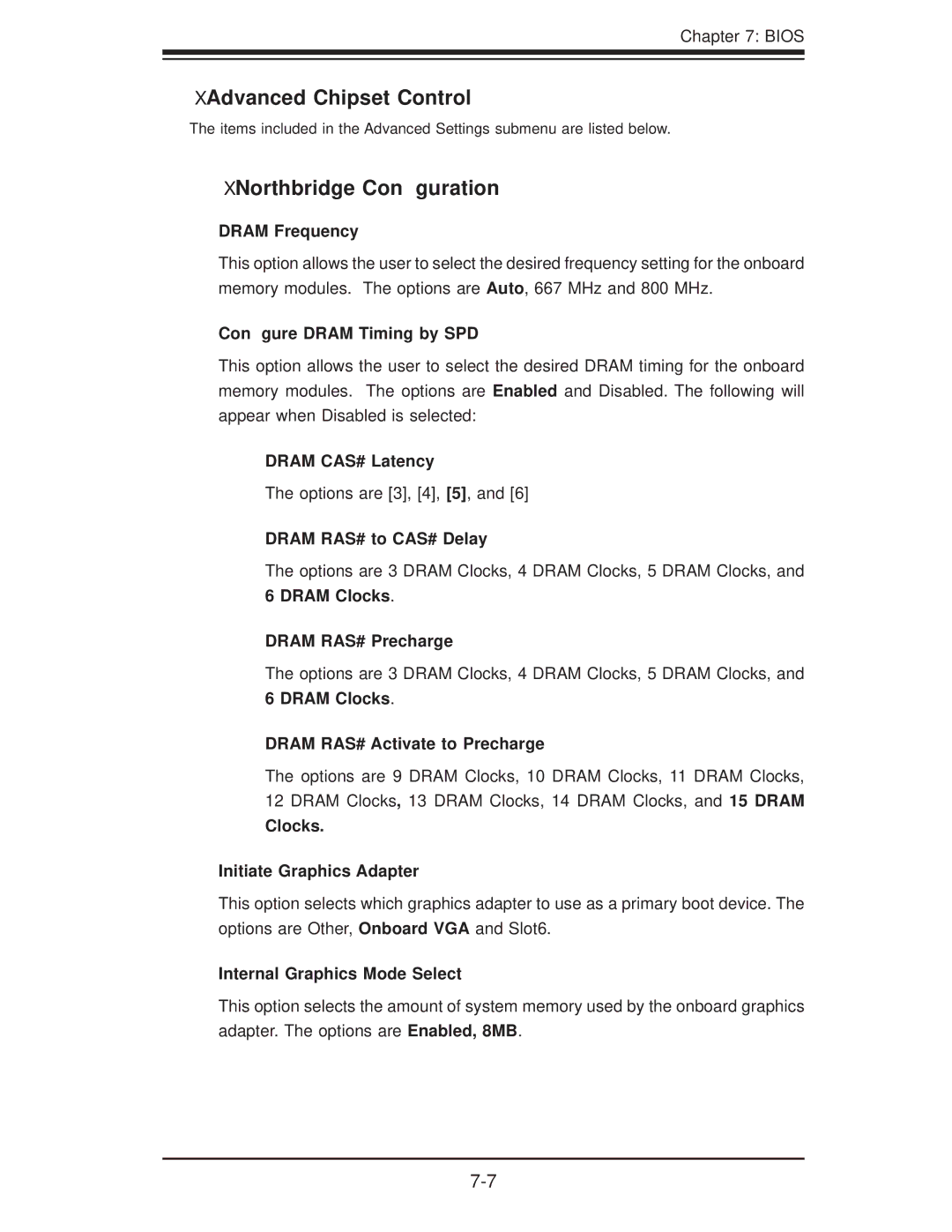 SUPER MICRO Computer 5015A-EHF-D525 user manual XAdvanced Chipset Control, XNorthbridge Conﬁguration 