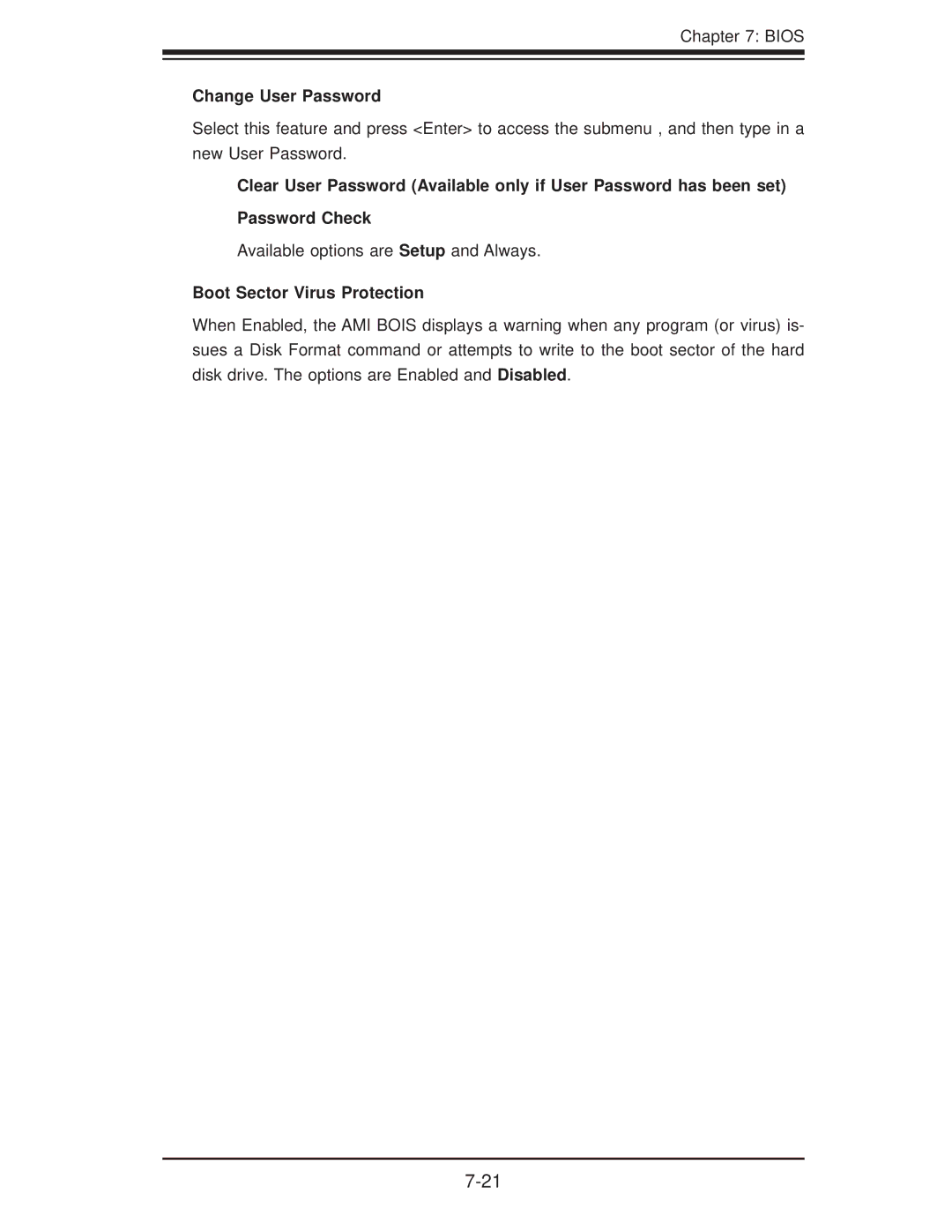 SUPER MICRO Computer 5015A-EHF-D525 user manual Change User Password, Boot Sector Virus Protection 