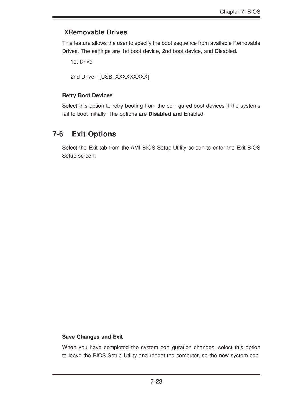 SUPER MICRO Computer 5015A-EHF-D525 user manual Exit Options, XRemovable Drives, Retry Boot Devices, Save Changes and Exit 