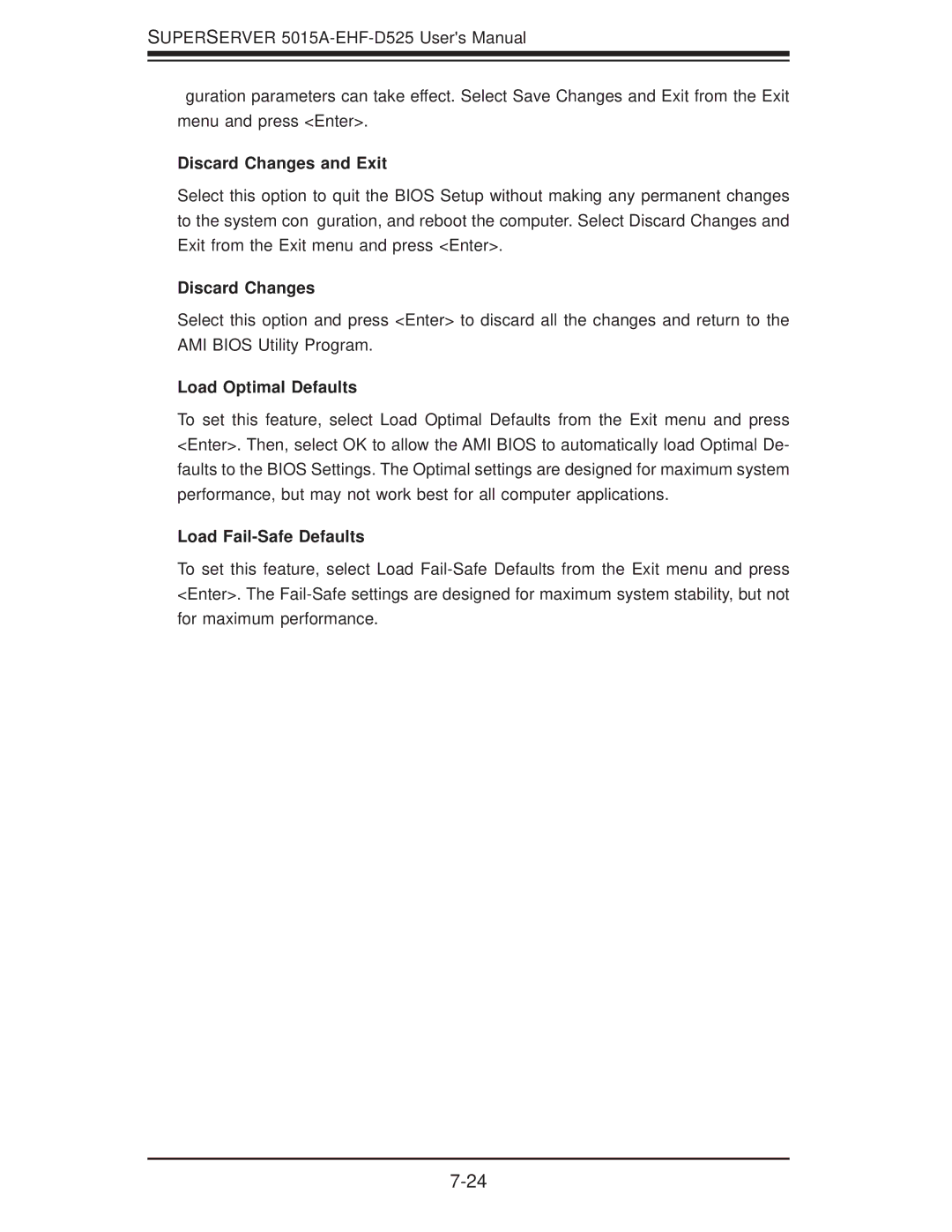 SUPER MICRO Computer 5015A-EHF-D525 user manual Discard Changes and Exit, Load Optimal Defaults, Load Fail-Safe Defaults 