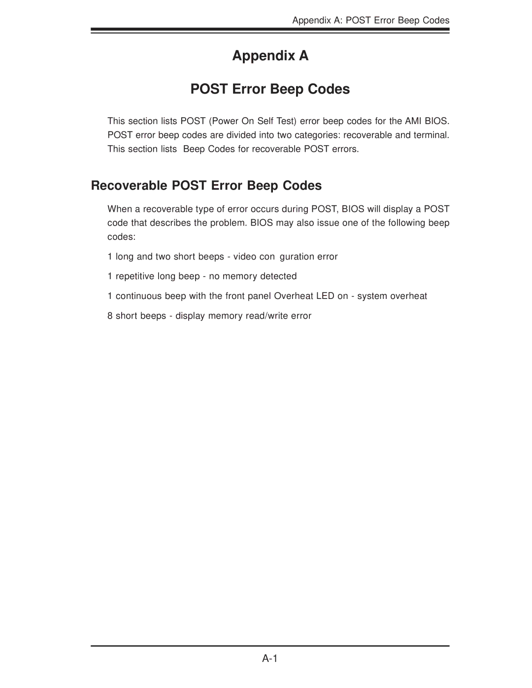 SUPER MICRO Computer 5015A-EHF-D525 user manual Appendix a Post Error Beep Codes, Recoverable Post Error Beep Codes 