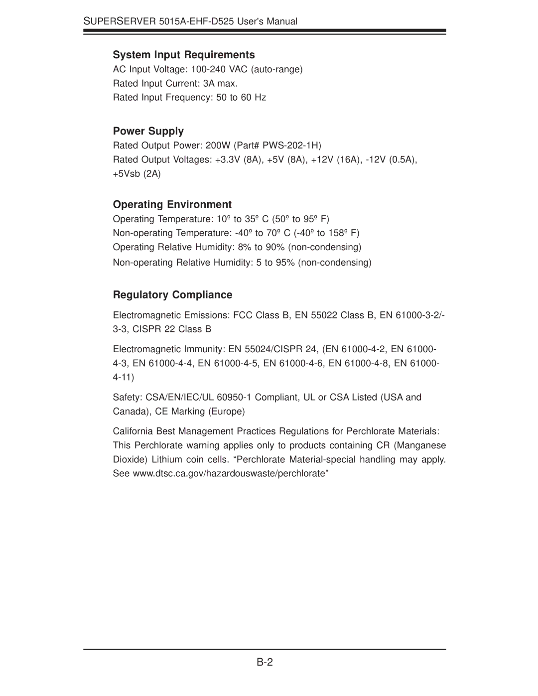 SUPER MICRO Computer 5015A-EHF-D525 user manual System Input Requirements 