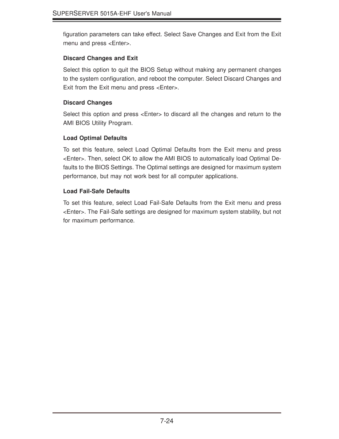 SUPER MICRO Computer 5015A-EHF user manual Discard Changes and Exit, Load Optimal Defaults, Load Fail-Safe Defaults 