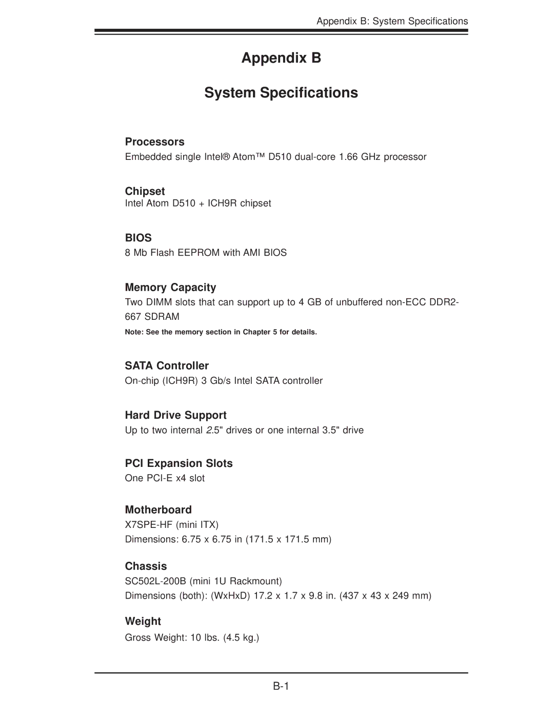 SUPER MICRO Computer 5015A-EHF user manual Appendix B System Speciﬁcations 