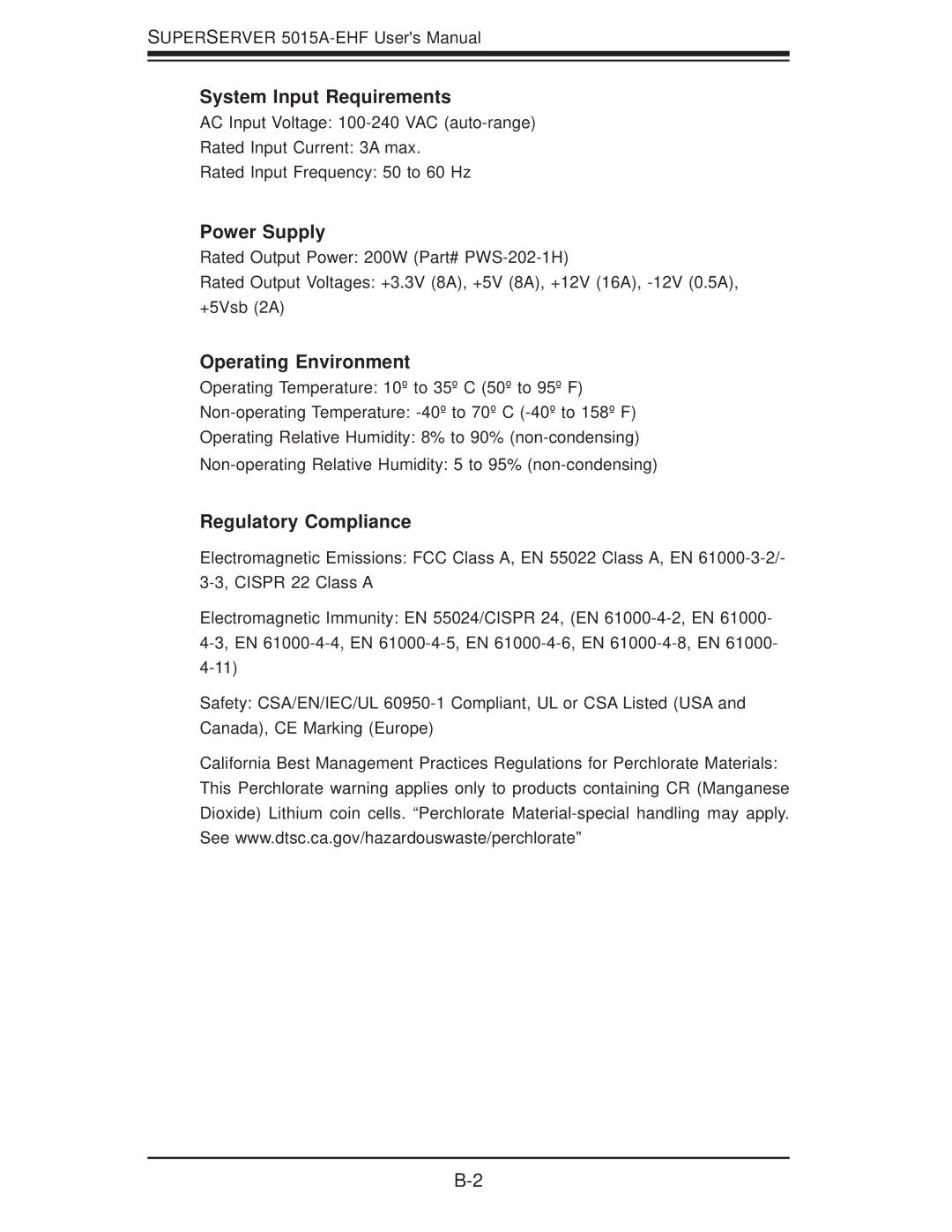 SUPER MICRO Computer 5015A-EHF user manual System Input Requirements 