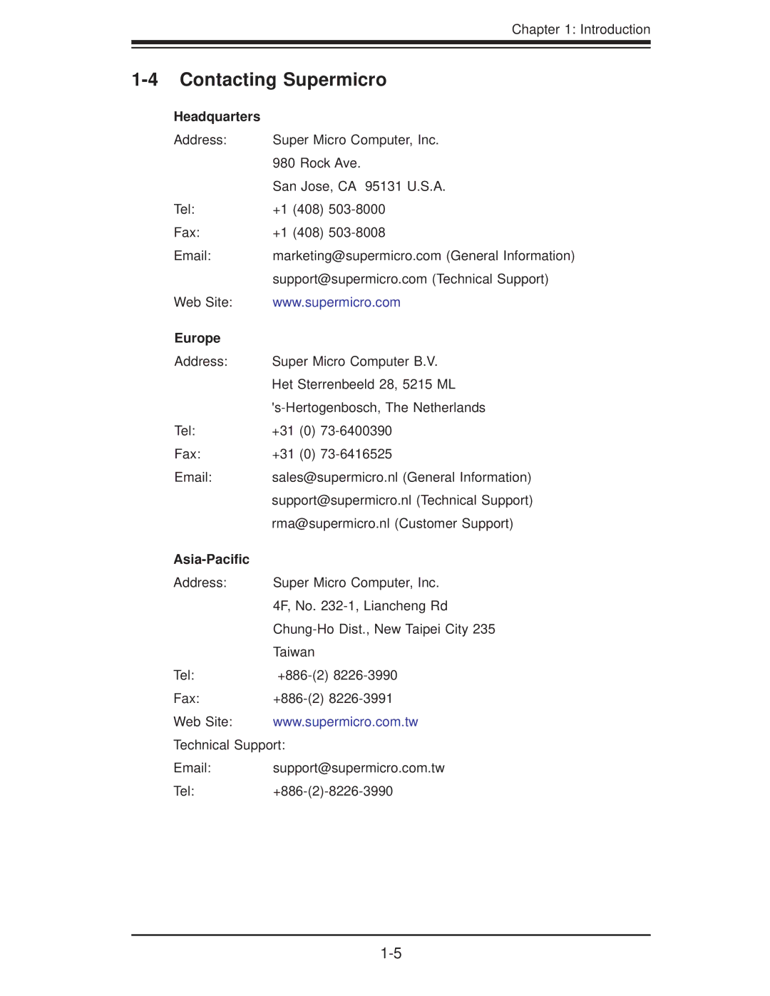 SUPER MICRO Computer 5015A-EHF user manual Contacting Supermicro, Headquarters, Europe, Asia-Paciﬁc 