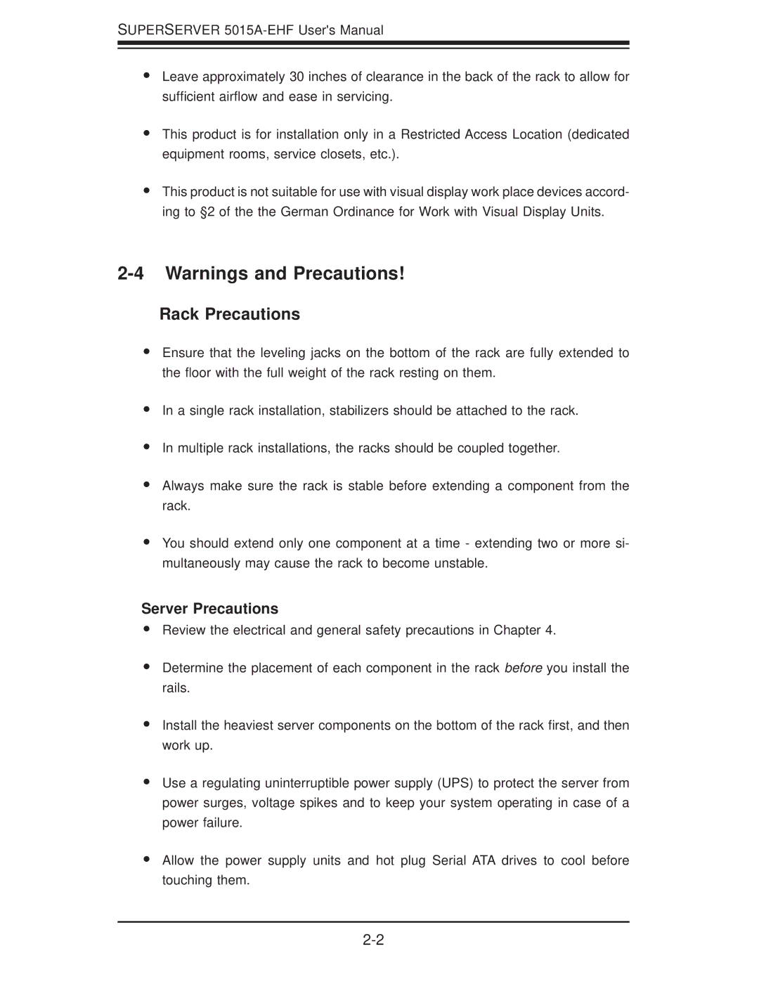 SUPER MICRO Computer 5015A-EHF user manual Rack Precautions, Server Precautions 