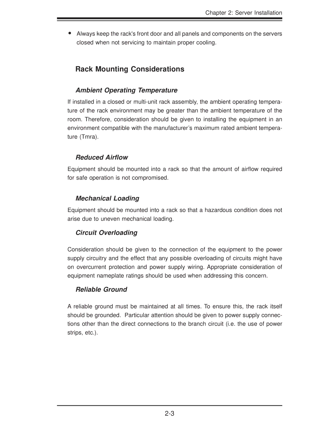 SUPER MICRO Computer 5015A-EHF user manual Rack Mounting Considerations, Ambient Operating Temperature 