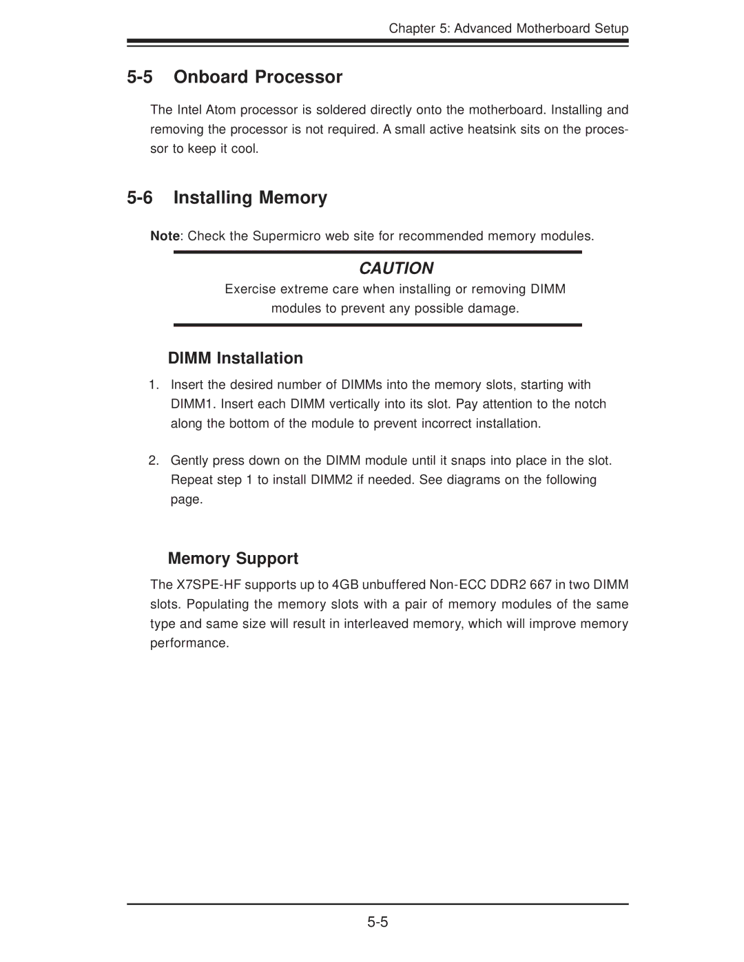 SUPER MICRO Computer 5015A-EHF user manual Onboard Processor, Installing Memory, Dimm Installation, Memory Support 