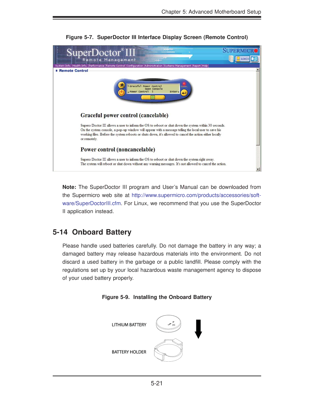 SUPER MICRO Computer 5015A-EHF user manual Onboard Battery, SuperDoctor III Interface Display Screen Remote Control 