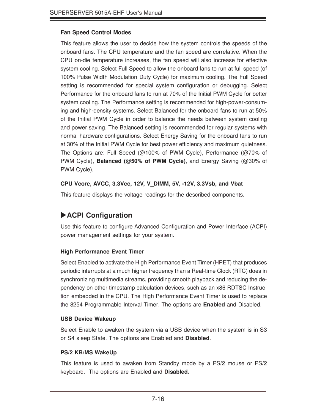 SUPER MICRO Computer 5015A-EHF user manual ACPI Conﬁguration, Fan Speed Control Modes, High Performance Event Timer 