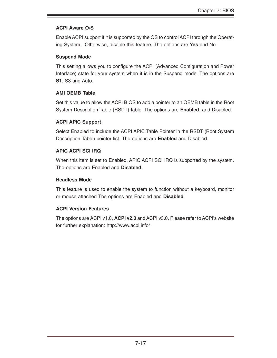 SUPER MICRO Computer 5015A-EHF user manual Acpi Aware O/S, Suspend Mode, AMI Oemb Table, Acpi Apic Support, Headless Mode 