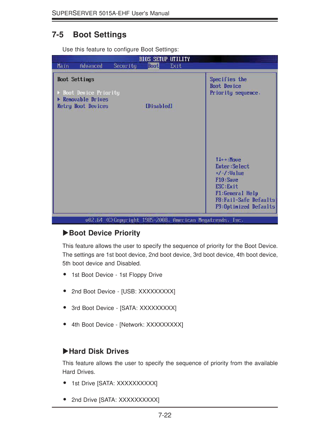 SUPER MICRO Computer 5015A-EHF user manual Boot Settings, Boot Device Priority, Hard Disk Drives 