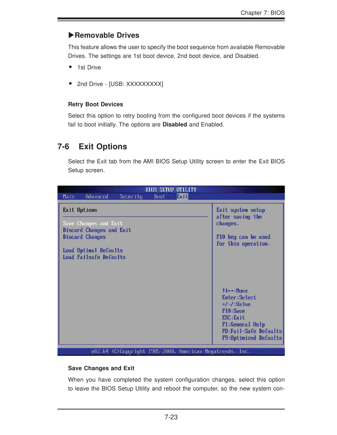 SUPER MICRO Computer 5015A-EHF user manual Exit Options, Removable Drives, Retry Boot Devices, Save Changes and Exit 