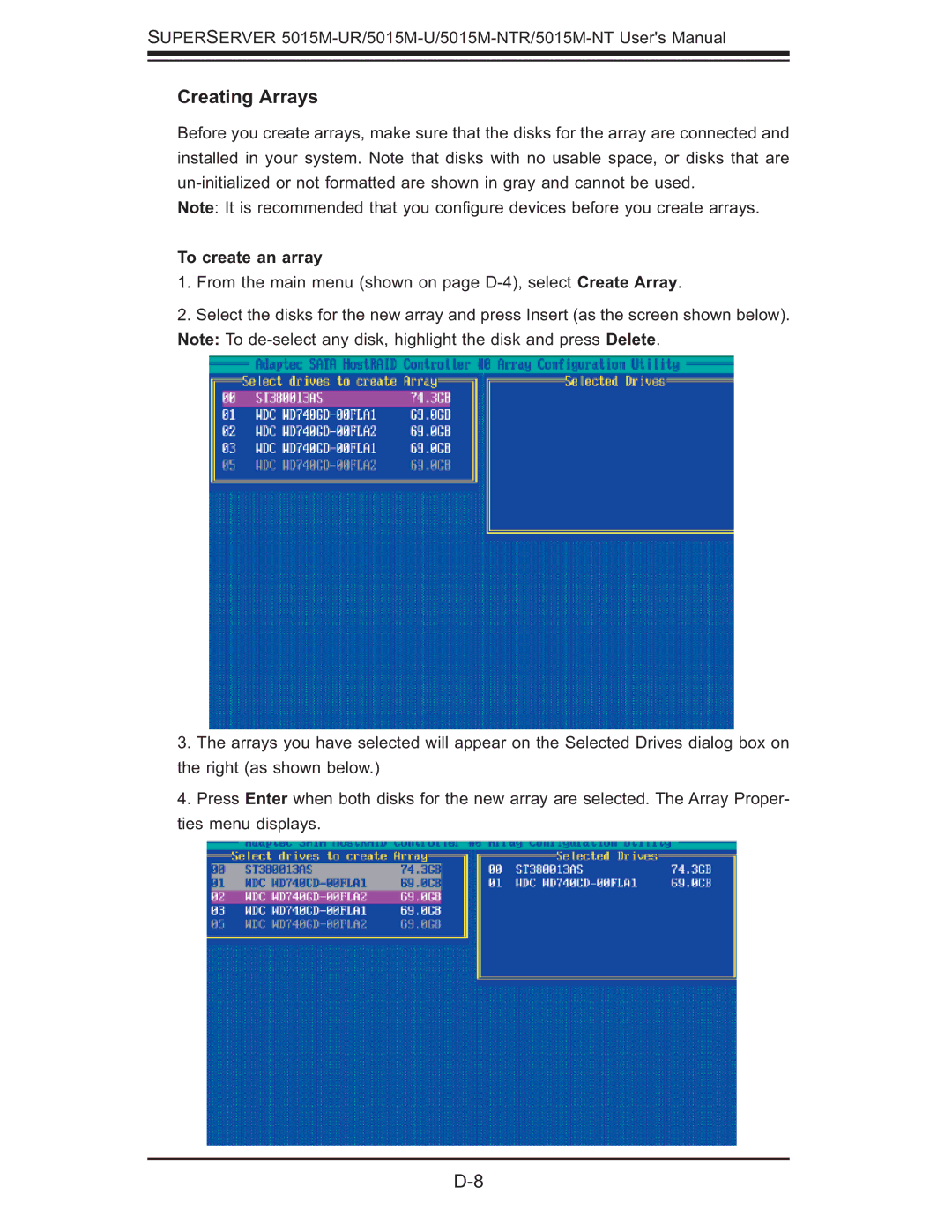 SUPER MICRO Computer 5015M-UR, 5015M-NTR user manual Creating Arrays, To create an array 