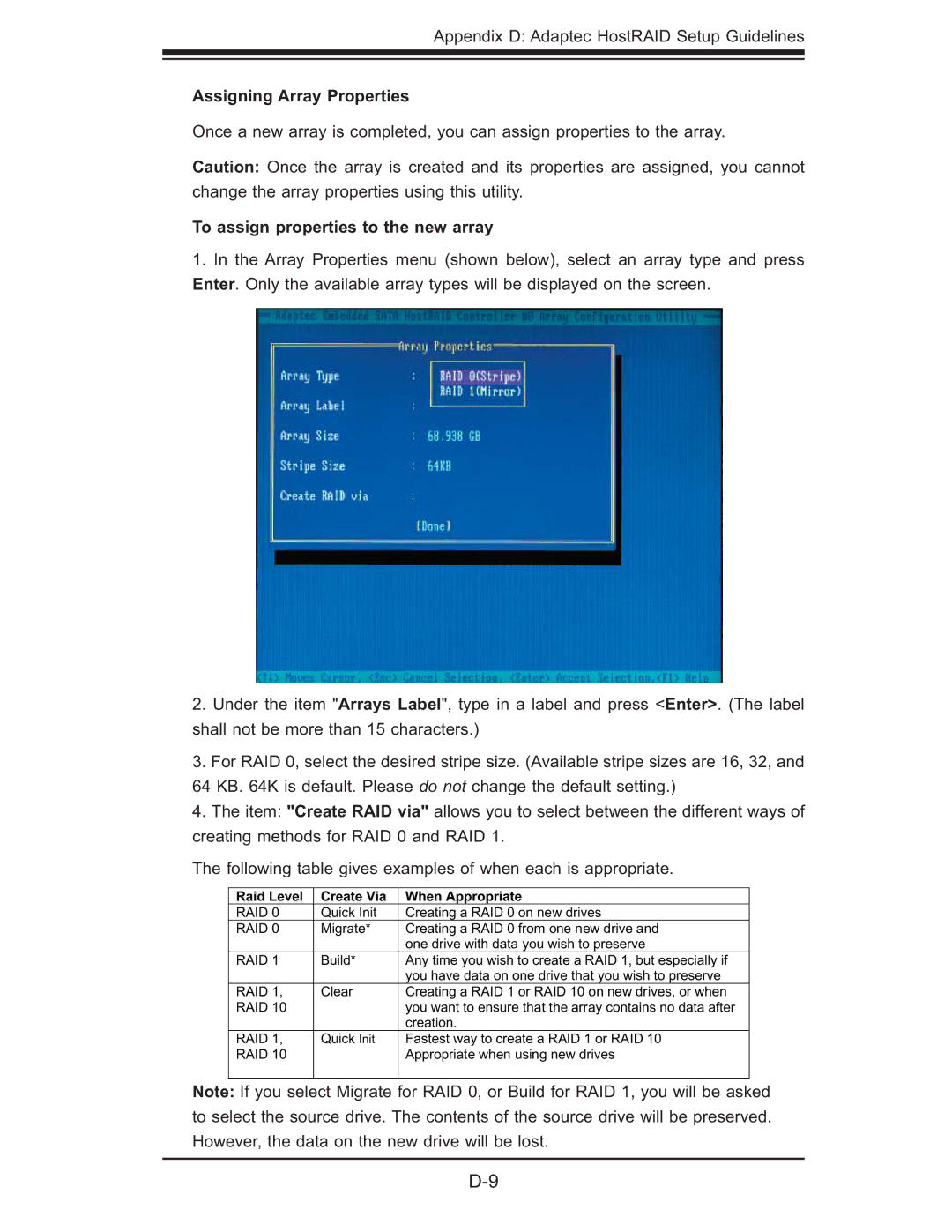 SUPER MICRO Computer 5015M-NTR, 5015M-UR user manual Assigning Array Properties, To assign properties to the new array 