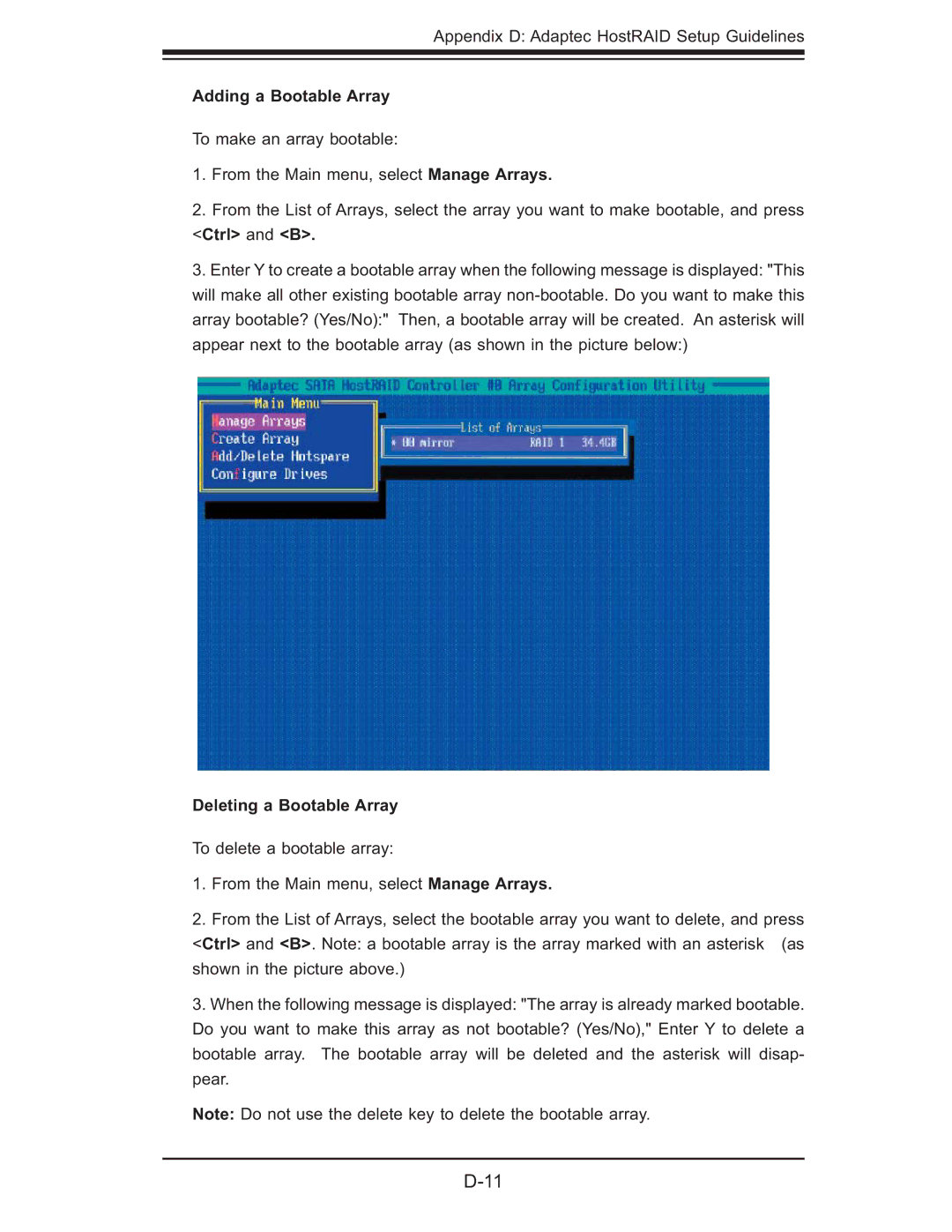 SUPER MICRO Computer 5015M-UR, 5015M-NTR user manual Adding a Bootable Array, Deleting a Bootable Array 