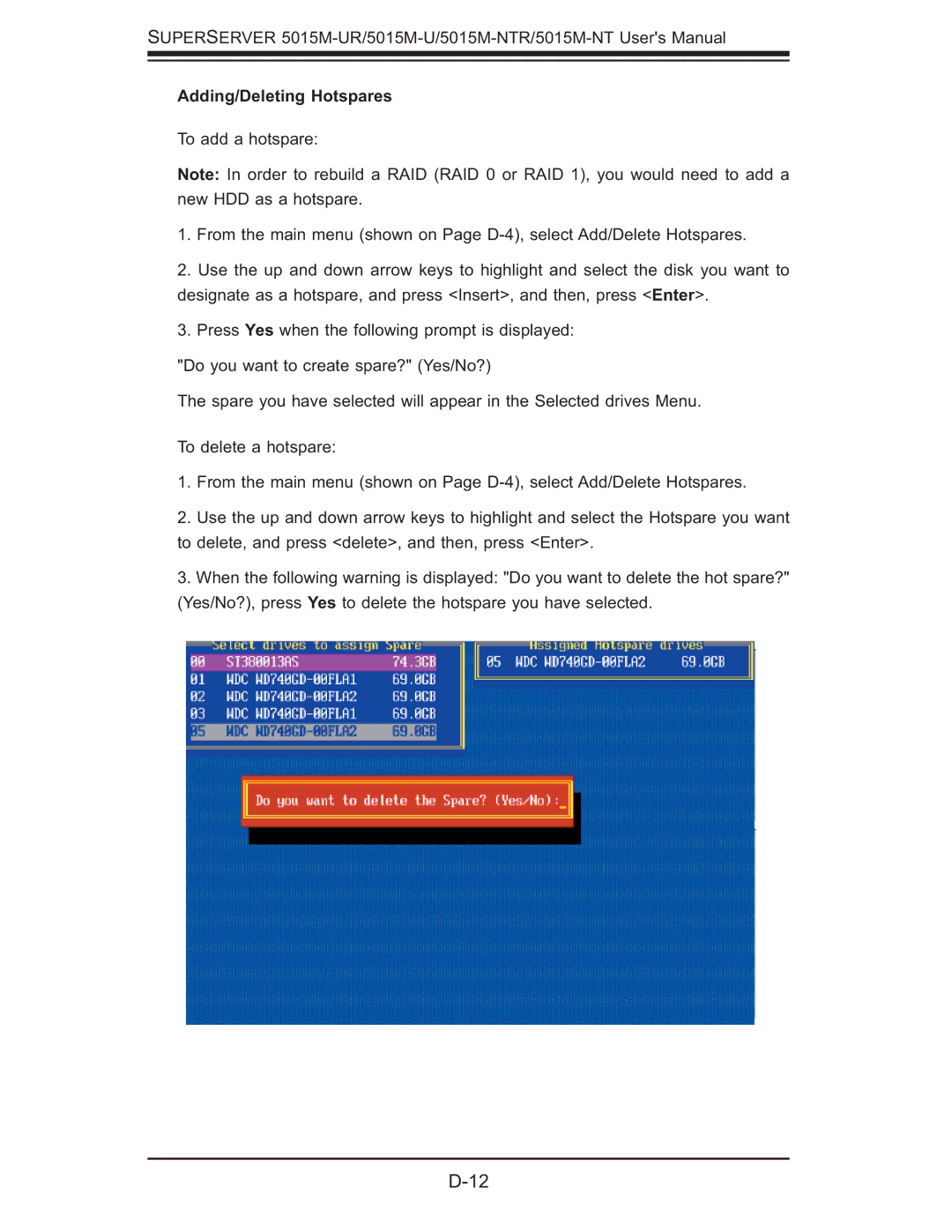 SUPER MICRO Computer 5015M-UR, 5015M-NTR user manual Adding/Deleting Hotspares 