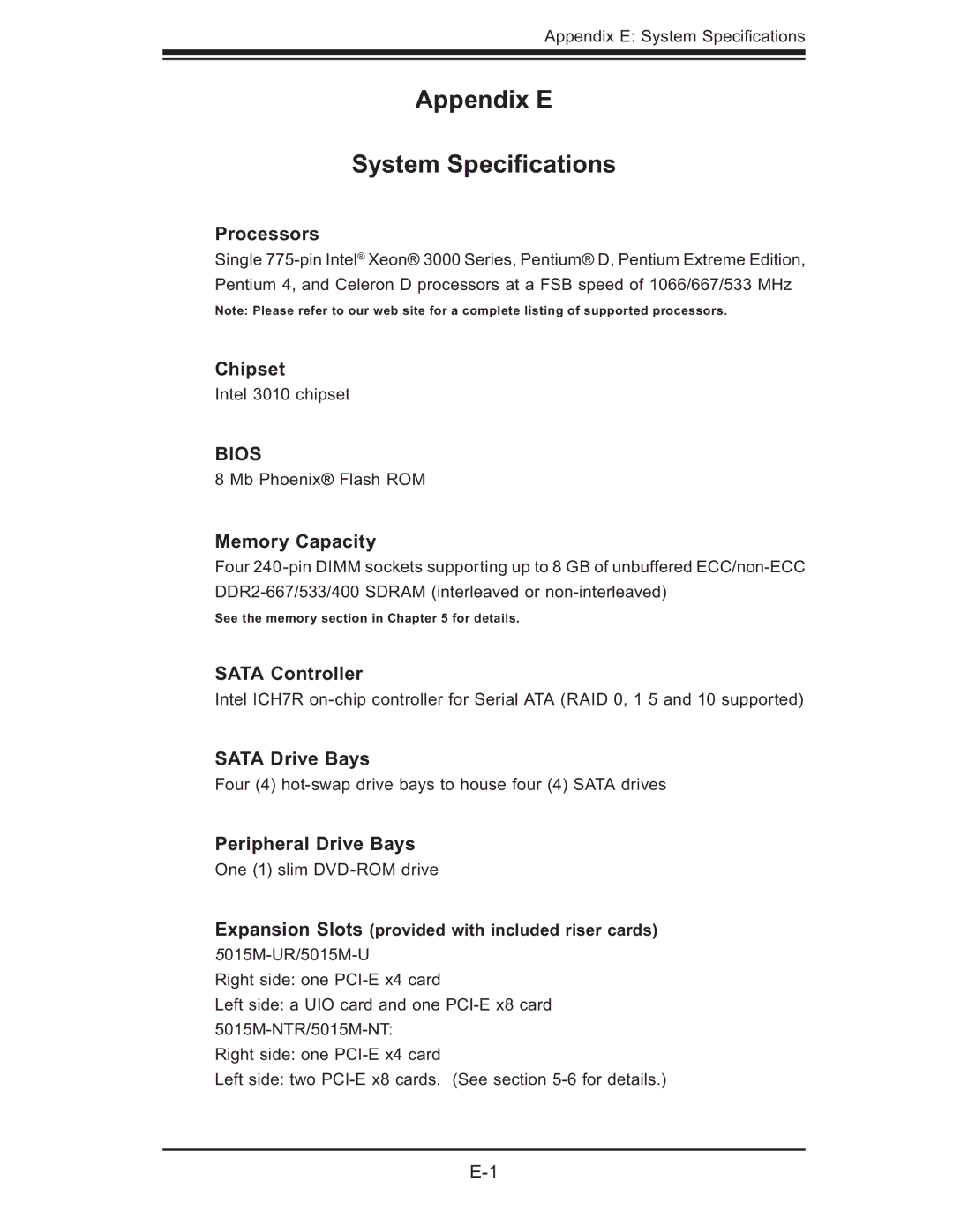 SUPER MICRO Computer 5015M-NTR, 5015M-UR user manual Appendix E System Speciﬁcations 