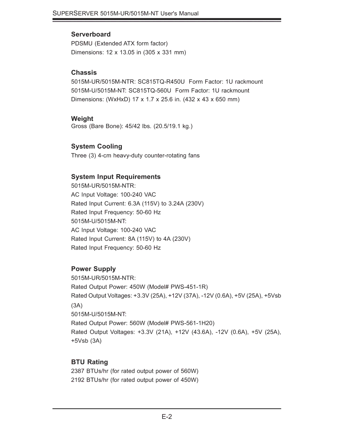 SUPER MICRO Computer 5015M-NT Serverboard, Chassis, Weight, System Cooling, System Input Requirements, Power Supply 