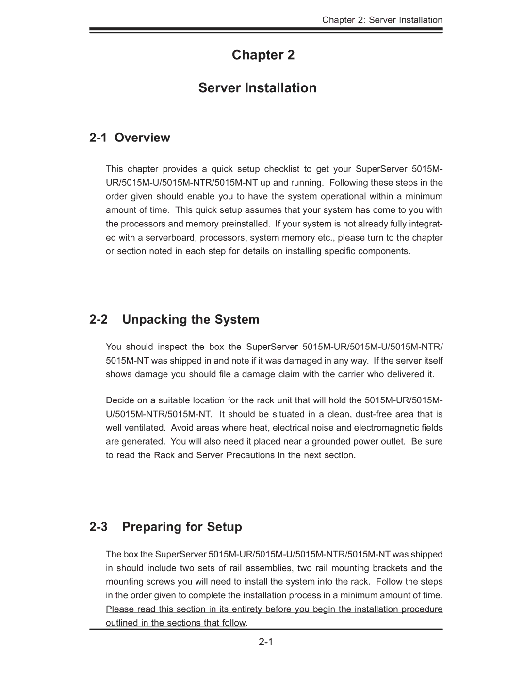 SUPER MICRO Computer 5015M-UR, 5015M-NTR Chapter Server Installation, Unpacking the System, Preparing for Setup 