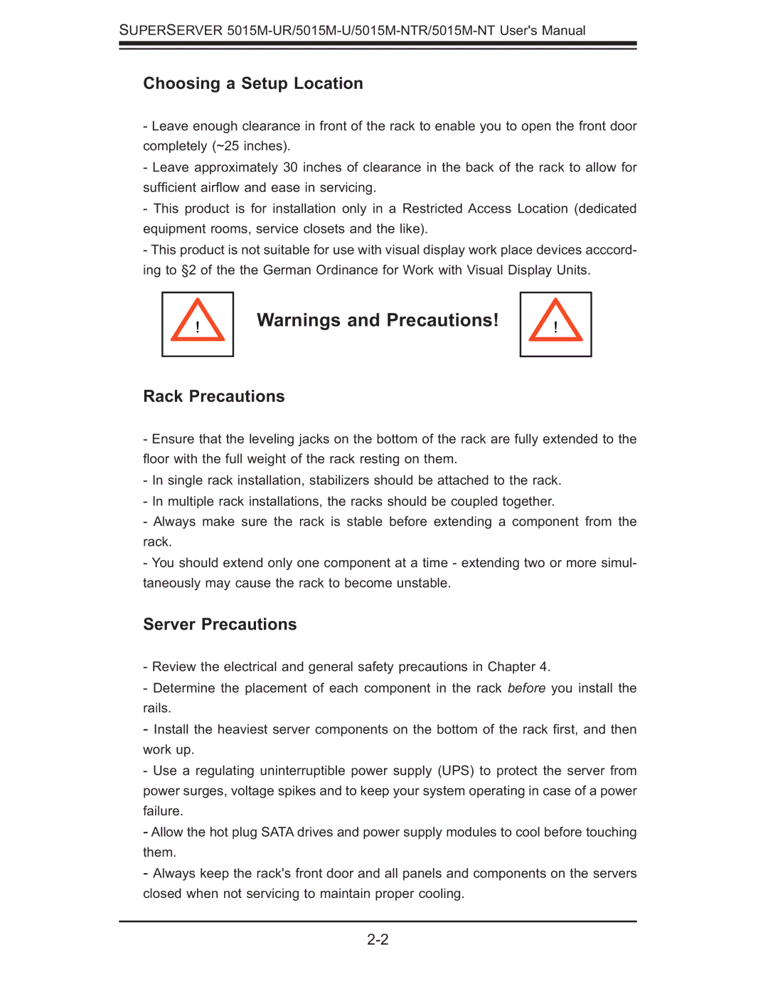 SUPER MICRO Computer 5015M-UR, 5015M-NTR user manual Choosing a Setup Location, Rack Precautions, Server Precautions 