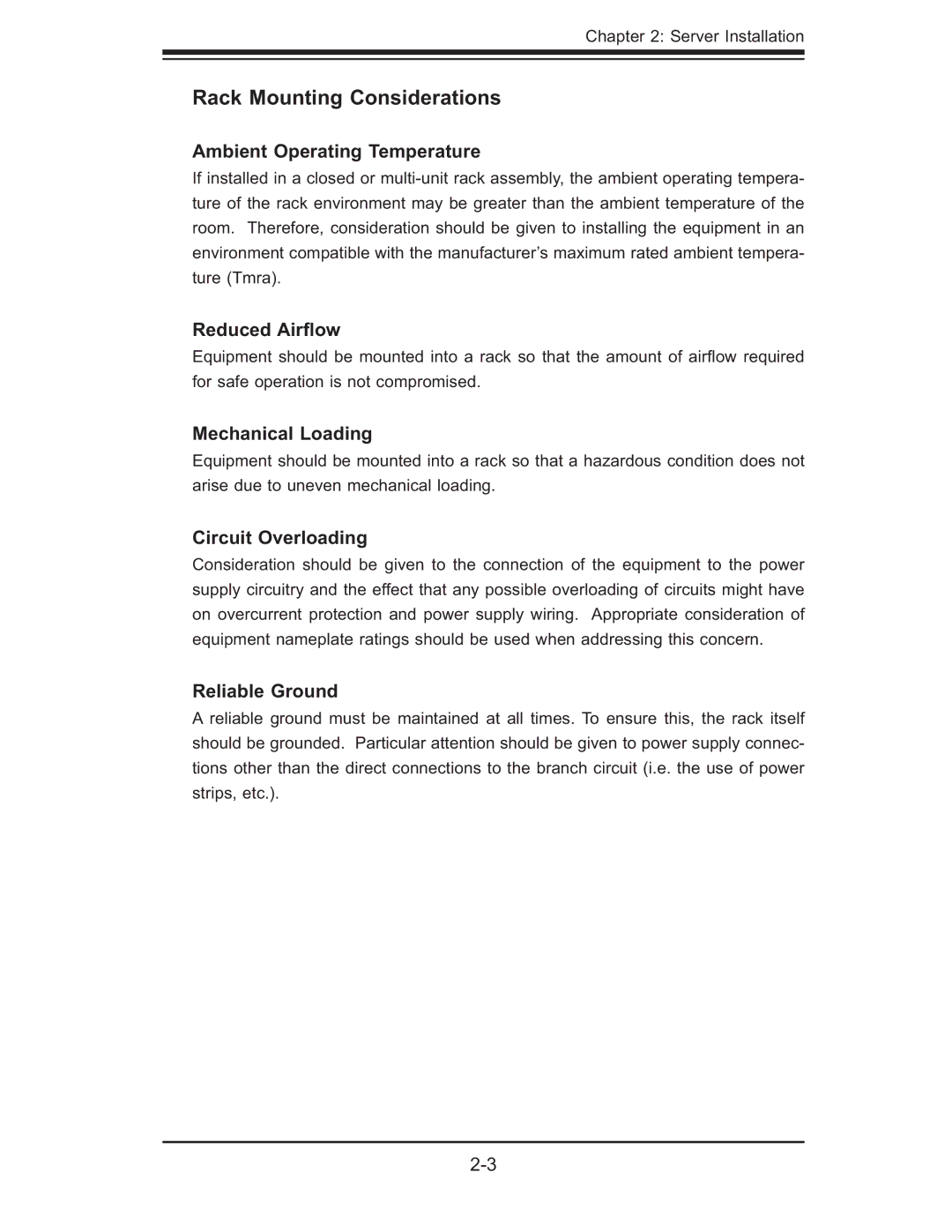 SUPER MICRO Computer 5015M-NTR, 5015M-UR user manual Rack Mounting Considerations 