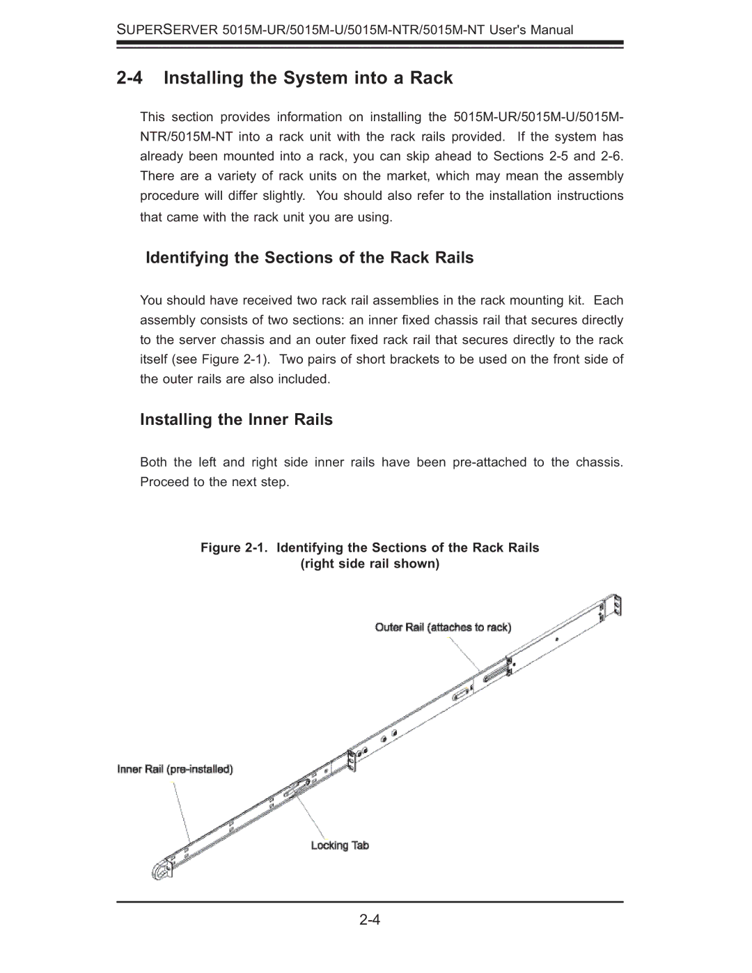 SUPER MICRO Computer 5015M-NT, 5015M-UR Installing the System into a Rack, Identifying the Sections of the Rack Rails 