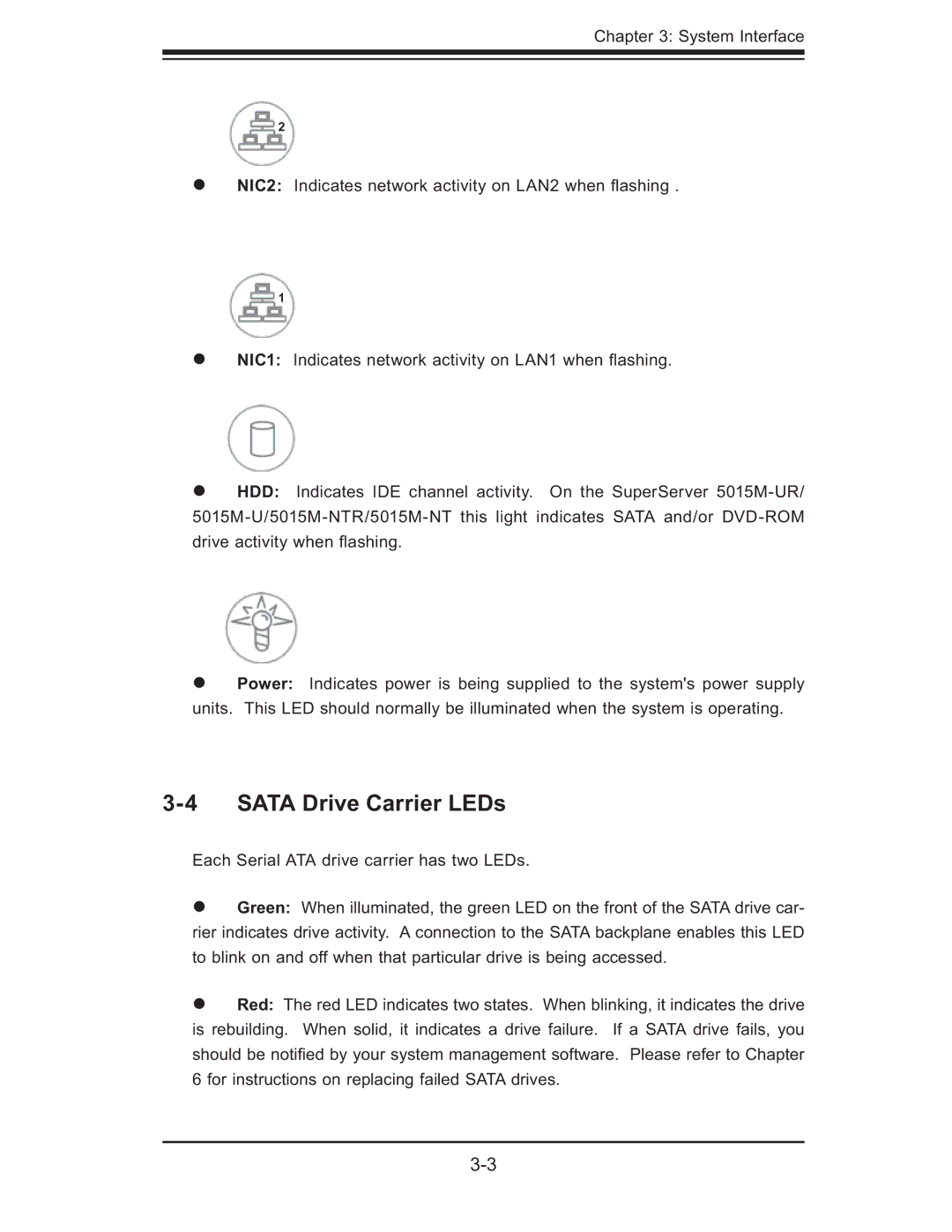 SUPER MICRO Computer 5015M-UR, 5015M-NTR user manual Sata Drive Carrier LEDs 